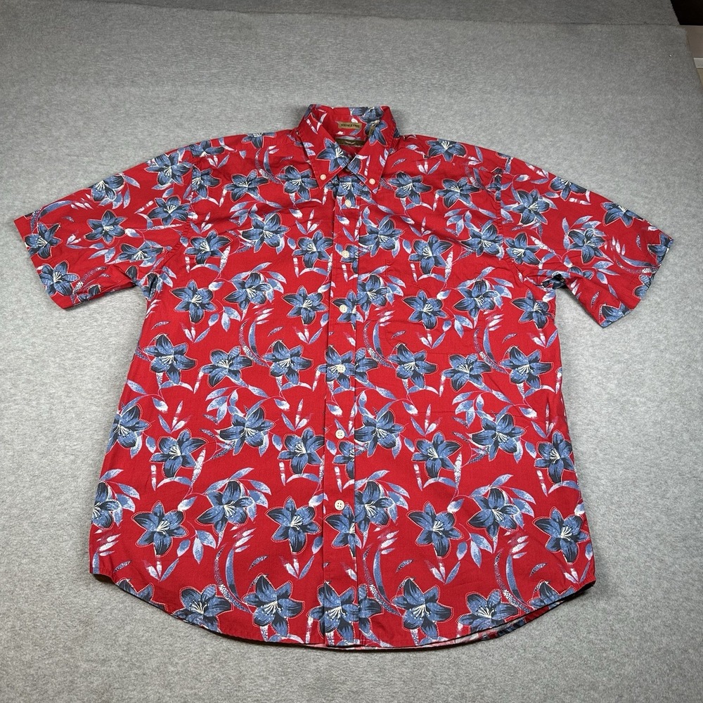 Natural Issue Hawaiian Shirt Mens M Red Wrinkle-Free Button Down 100% Cotton